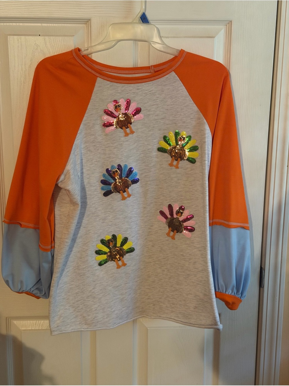 Womens Orange & Gray Turkey Sequin Raglan Top